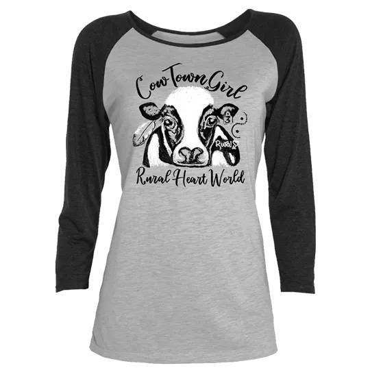 Rural Heart by Rene' Earnhardt - Cow town Ladies 3/4 Raglan T-Shirt
