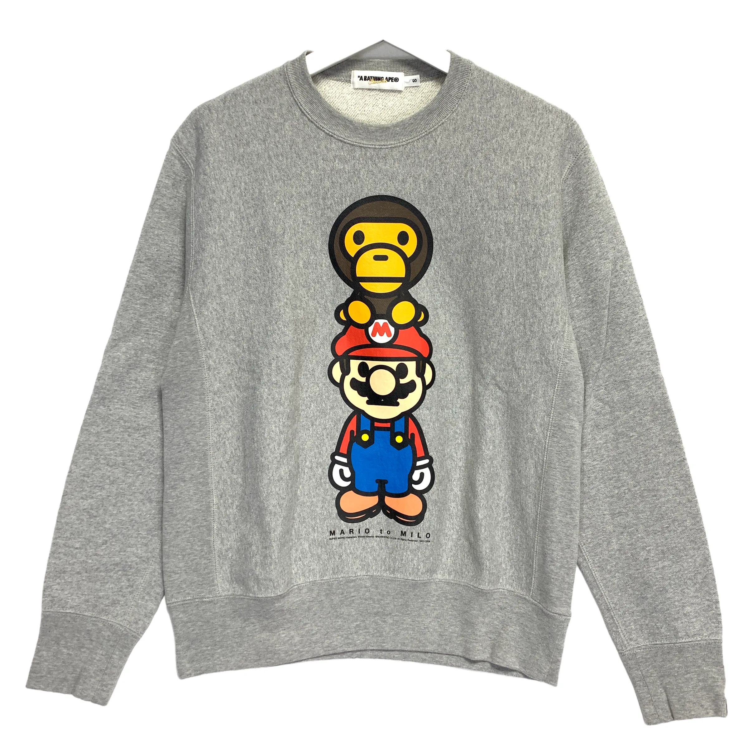 [S] A Bathing Ape Bape x Mario Baby Milo Logo Crewneck Sweatshirt Grey