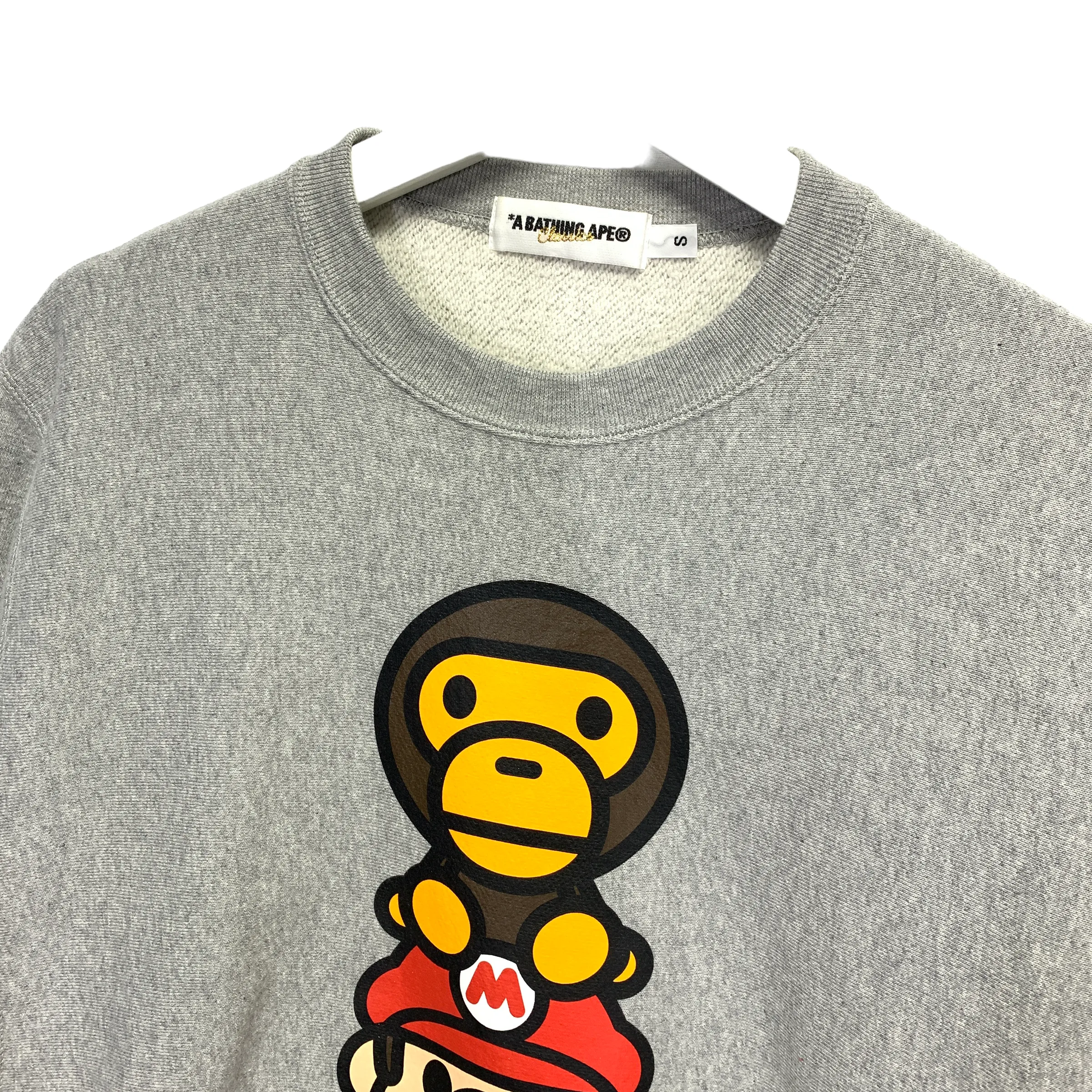 [S] A Bathing Ape Bape x Mario Baby Milo Logo Crewneck Sweatshirt Grey