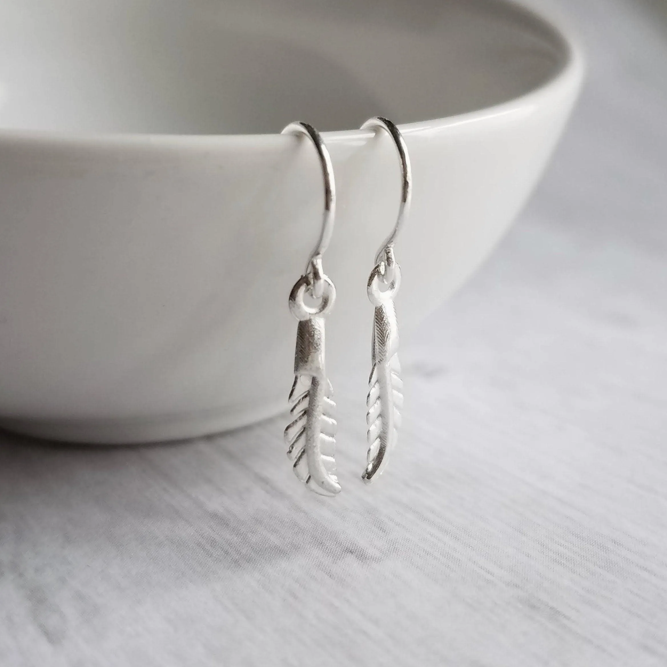 Silver Feather Earrings, .925 sterling silver hooks. tiny feather charm, small feather dangle, minimalist silver earring, simple feather, birthday anniversay gift