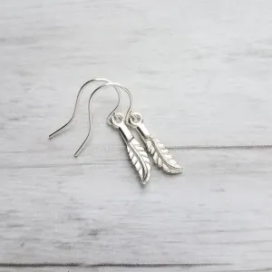 Silver Feather Earrings, .925 sterling silver hooks. tiny feather charm, small feather dangle, minimalist silver earring, simple feather, birthday anniversay gift