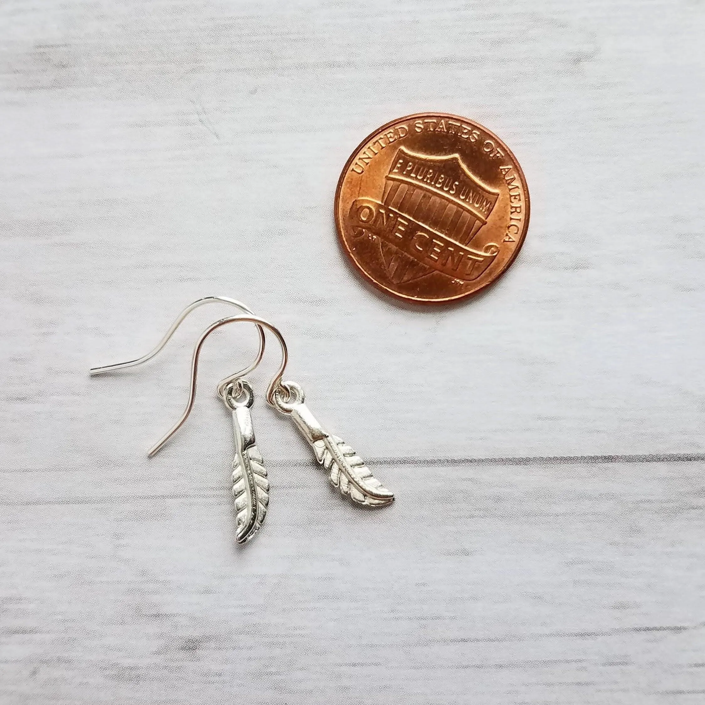 Silver Feather Earrings, .925 sterling silver hooks. tiny feather charm, small feather dangle, minimalist silver earring, simple feather, birthday anniversay gift