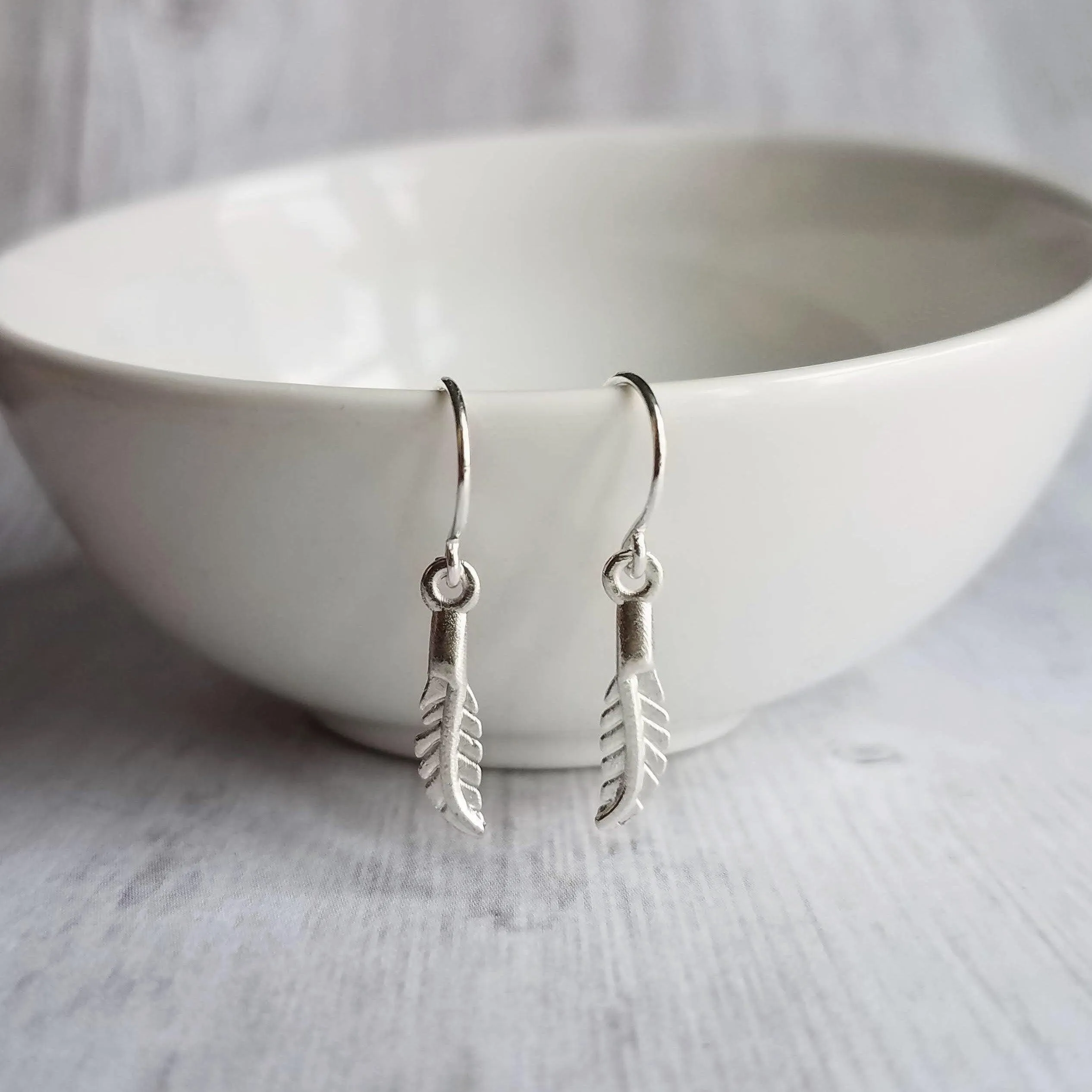 Silver Feather Earrings, .925 sterling silver hooks. tiny feather charm, small feather dangle, minimalist silver earring, simple feather, birthday anniversay gift