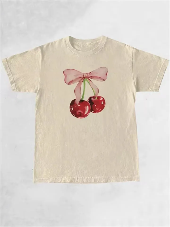 Super Cute Cherry Bowknot Print Summer T-shirts for Women