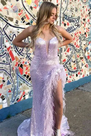 Sweetheart Strapless Mermaid Sequins And Feather Party Prom Dress