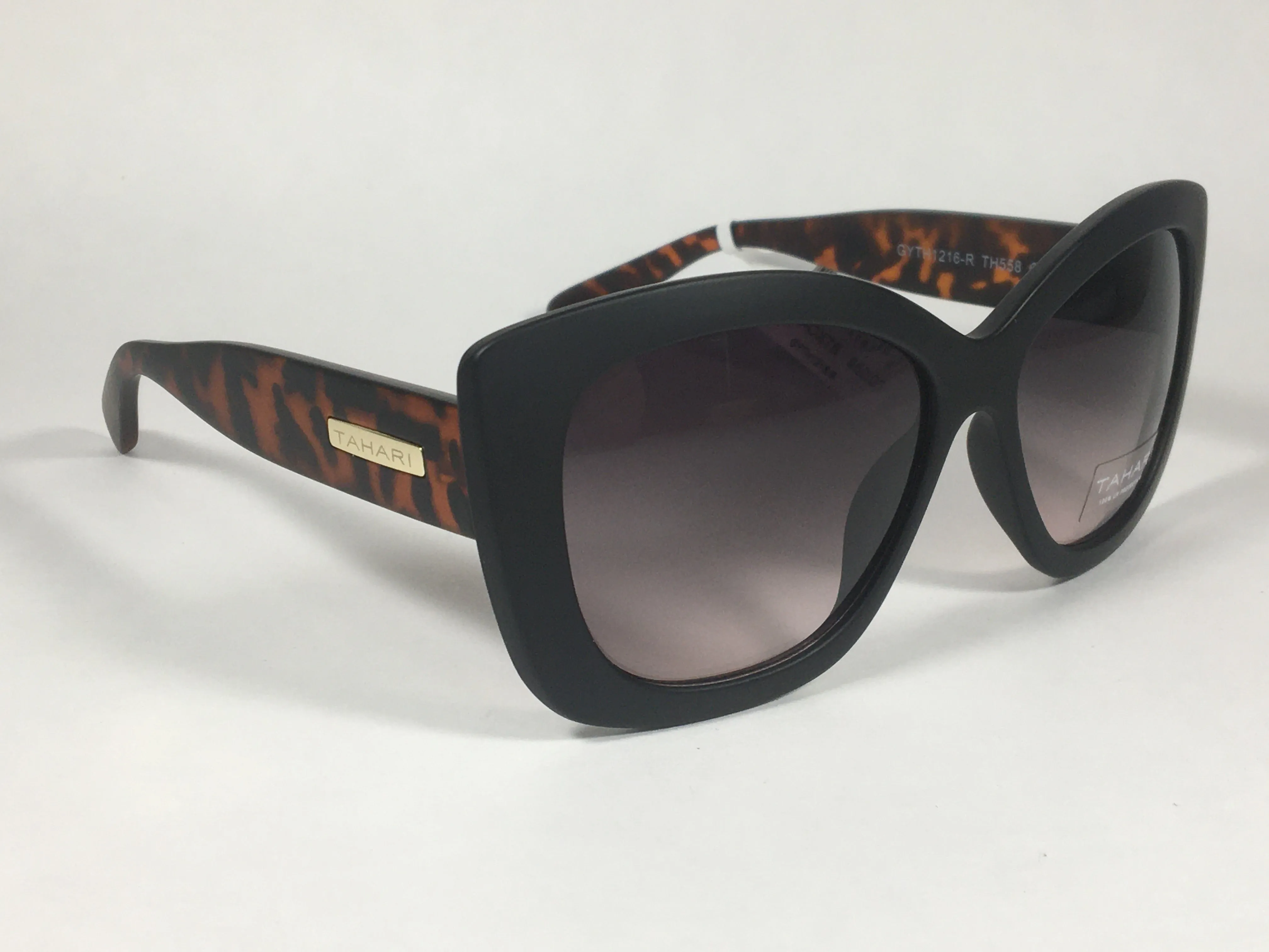 Tahari Large Cat Eye Sunglasses Matte Black And Tortoise Frame Gray Gradient Lens TH558 OXTS