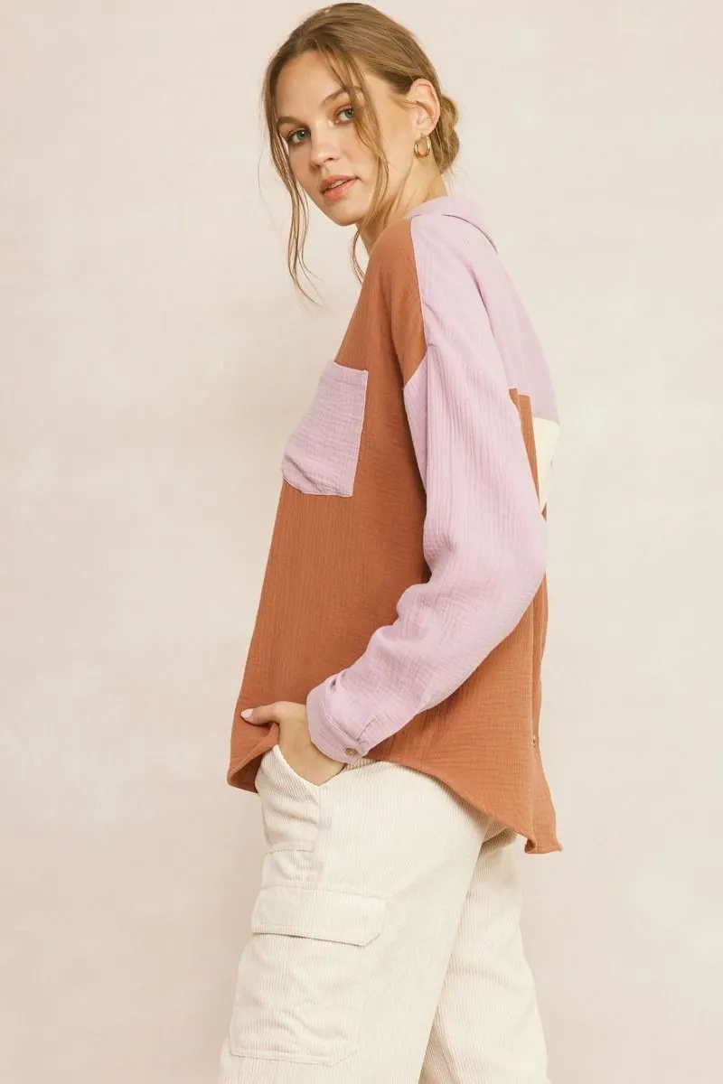 Textured Color Block Button Up