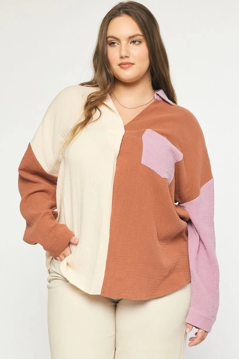 Textured Color Block Button Up