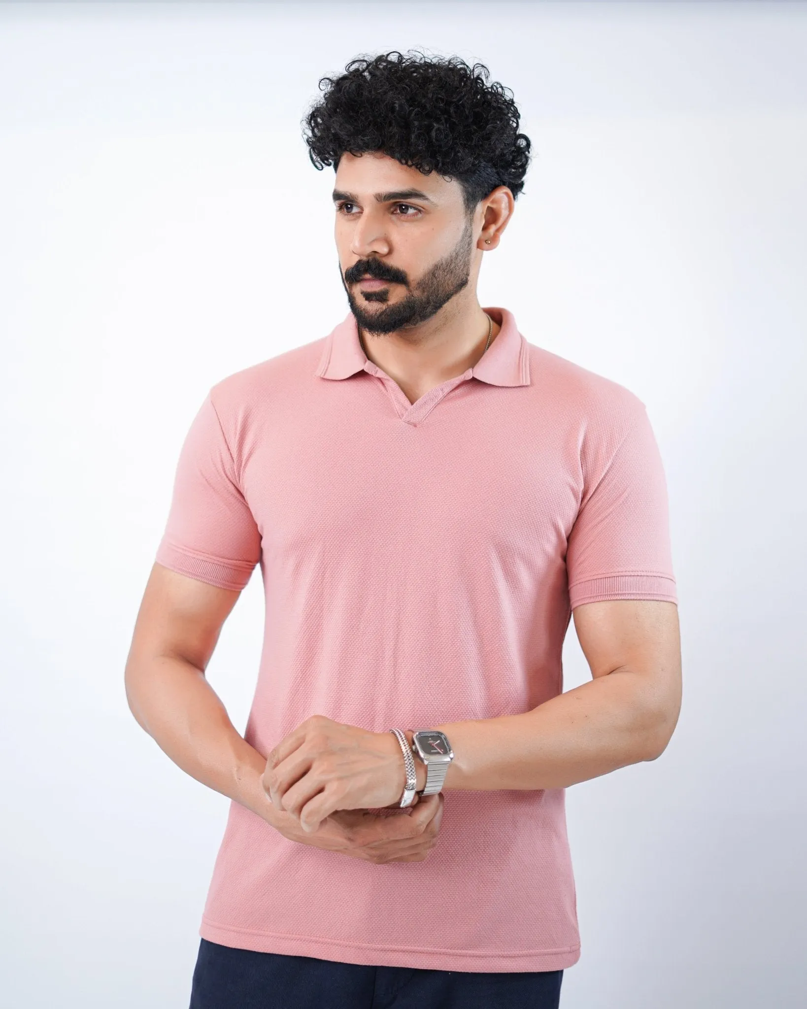 TEXTURED KNIT PEACH POLO SHIRT