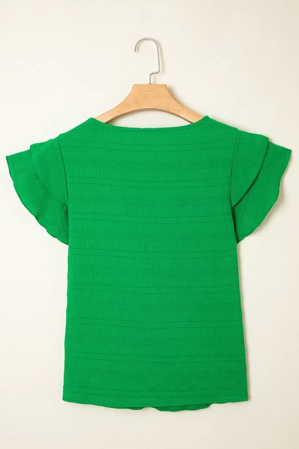 Textured Ruffled Sleeve Round Neck Top