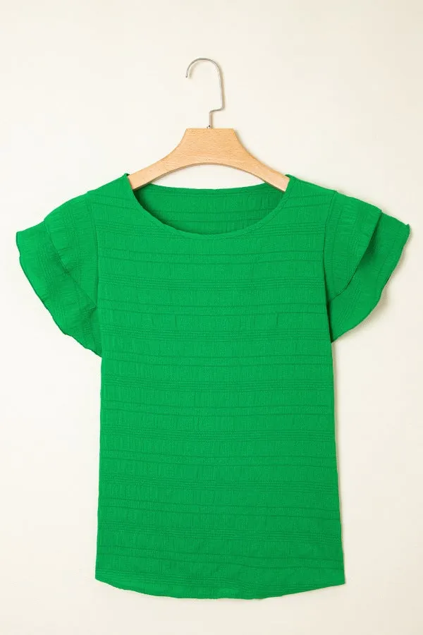 Textured Ruffled Sleeve Round Neck Top