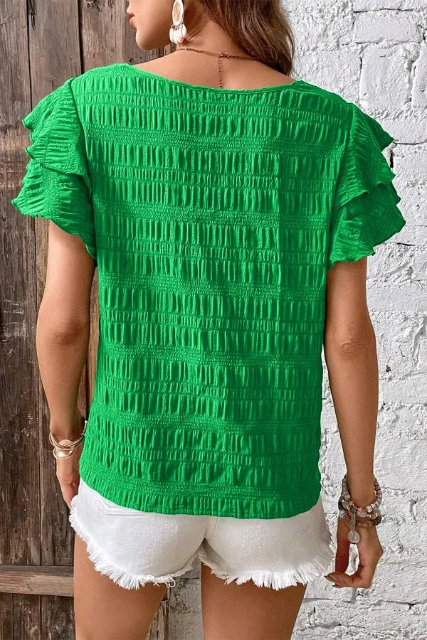 Textured Ruffled Sleeve Round Neck Top
