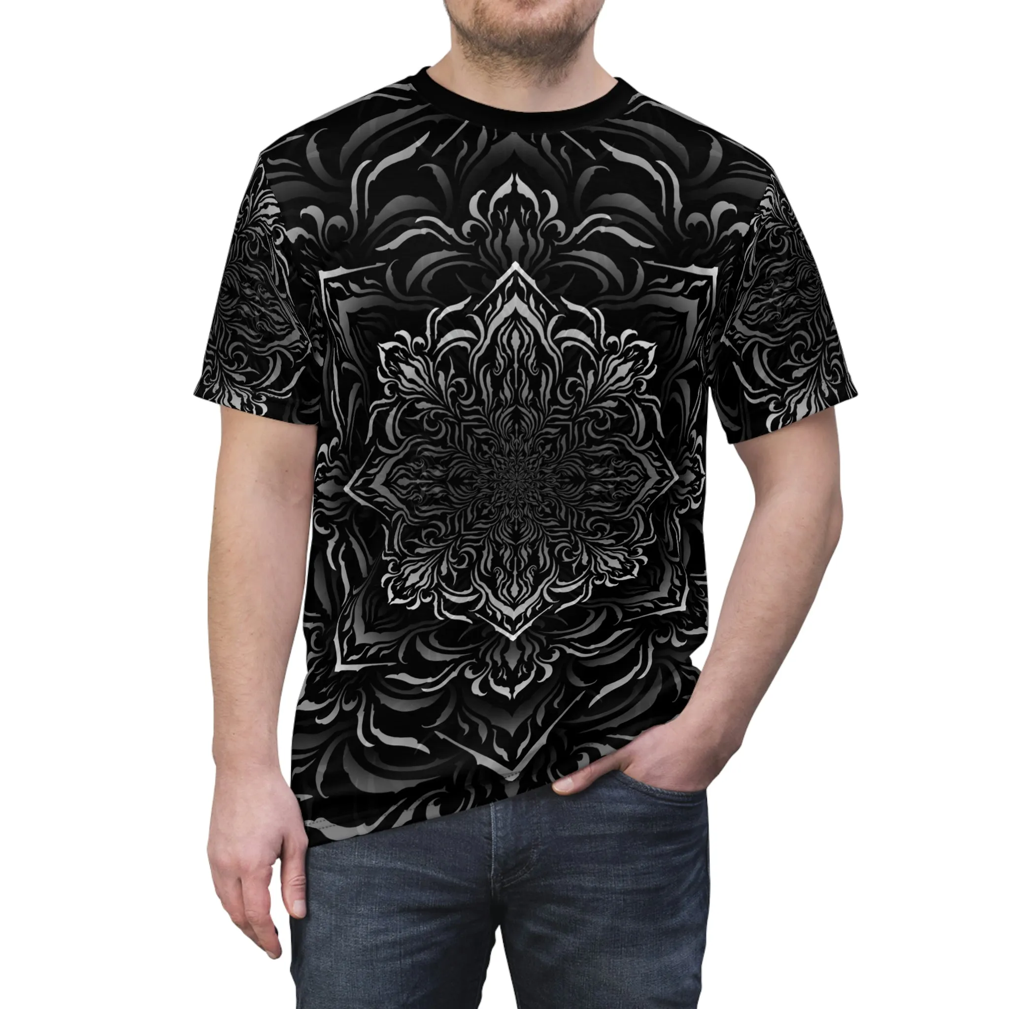 Tibetan Ornament Geometric V1 Black AOP Crew - Yantrat Design