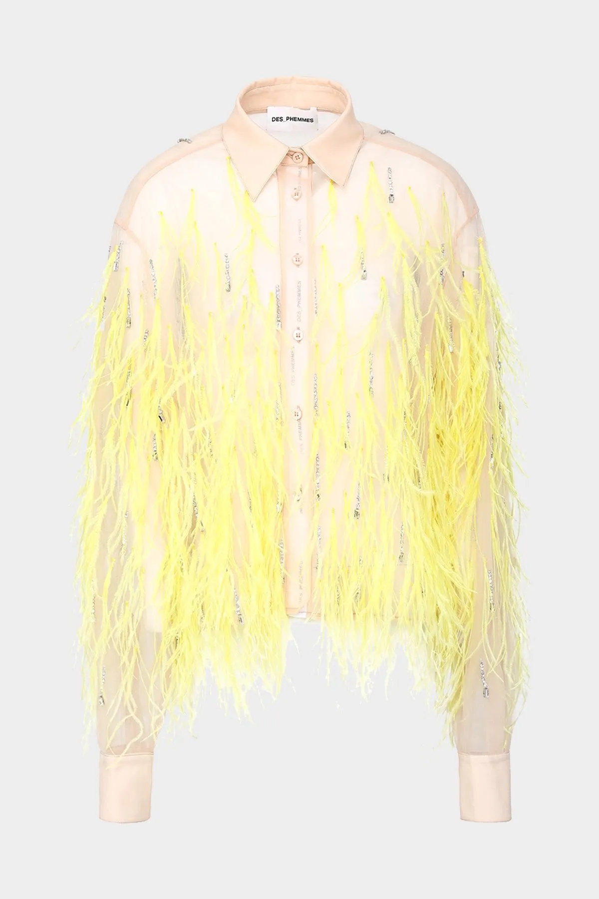 Tulle Feather Embroidered Shirt in Nude