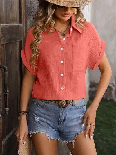 Unlock Style: Textured Pocketed Button Up Shirt for Women