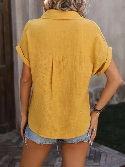 Unlock Style: Textured Pocketed Button Up Shirt for Women
