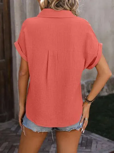 Unlock Style: Textured Pocketed Button Up Shirt for Women
