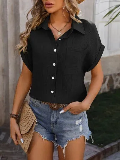 Unlock Style: Textured Pocketed Button Up Shirt for Women