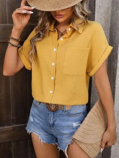 Unlock Style: Textured Pocketed Button Up Shirt for Women