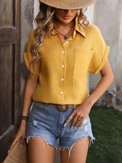 Unlock Style: Textured Pocketed Button Up Shirt for Women