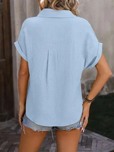 Unlock Style: Textured Pocketed Button Up Shirt for Women