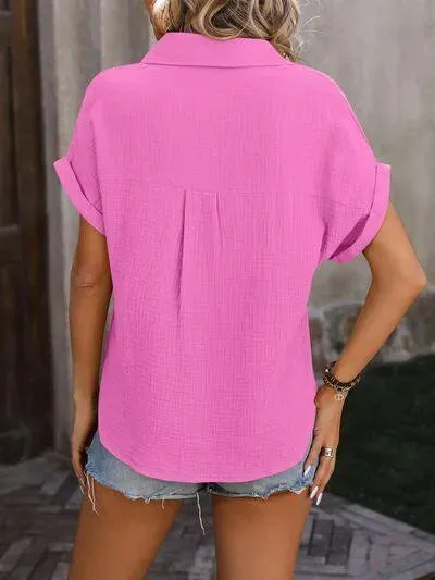 Unlock Style: Textured Pocketed Button Up Shirt for Women