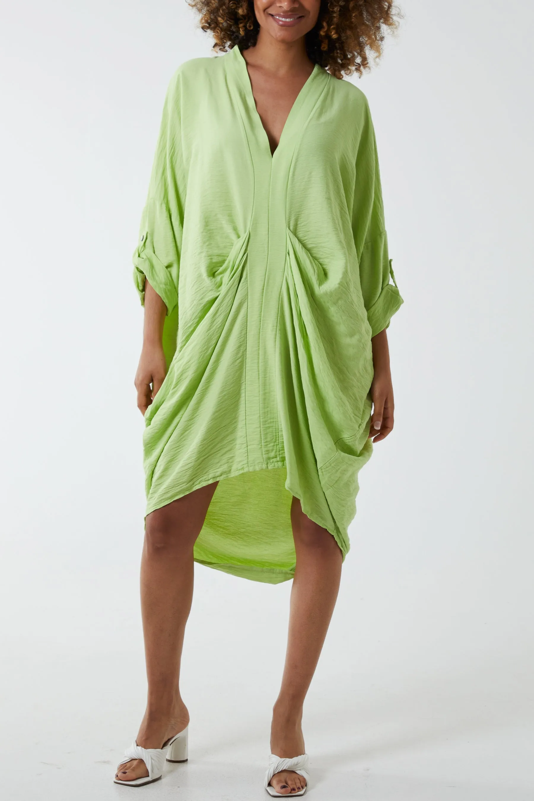 V Neck Draped Midi Dress