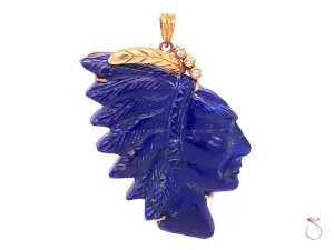 Vintage Carved Lapis Lazuli Indian Head and Diamond Pendant