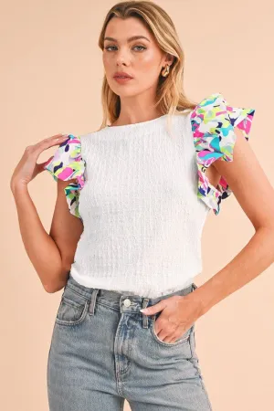 Voluminous Printed Puff Sleeve Textured Top