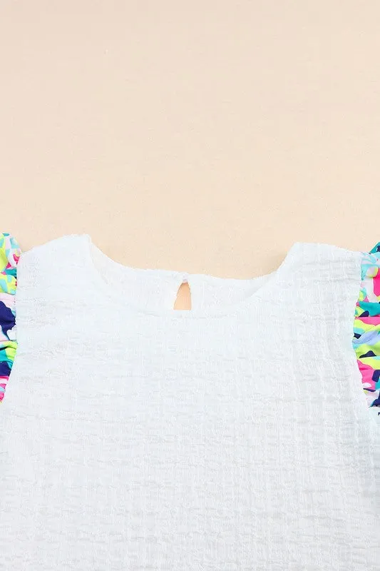 Voluminous Printed Puff Sleeve Textured Top