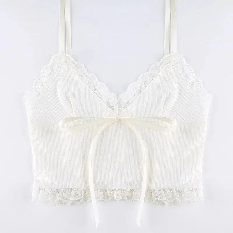White Bow Lace Trim Crop Top