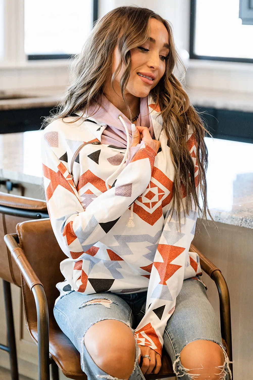 White Ethnic Aztec Print Double Hood Thumb Hole Hoodie