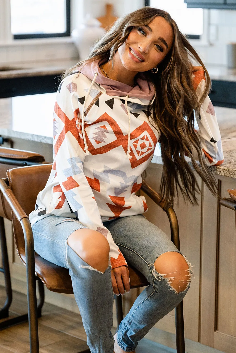 White Ethnic Aztec Print Double Hood Thumb Hole Hoodie