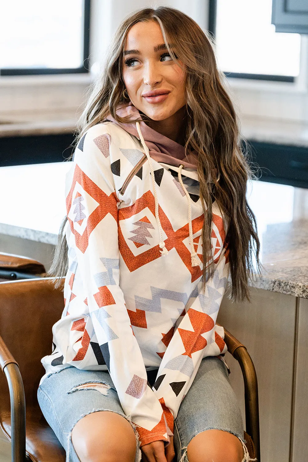 White Ethnic Aztec Print Double Hood Thumb Hole Hoodie