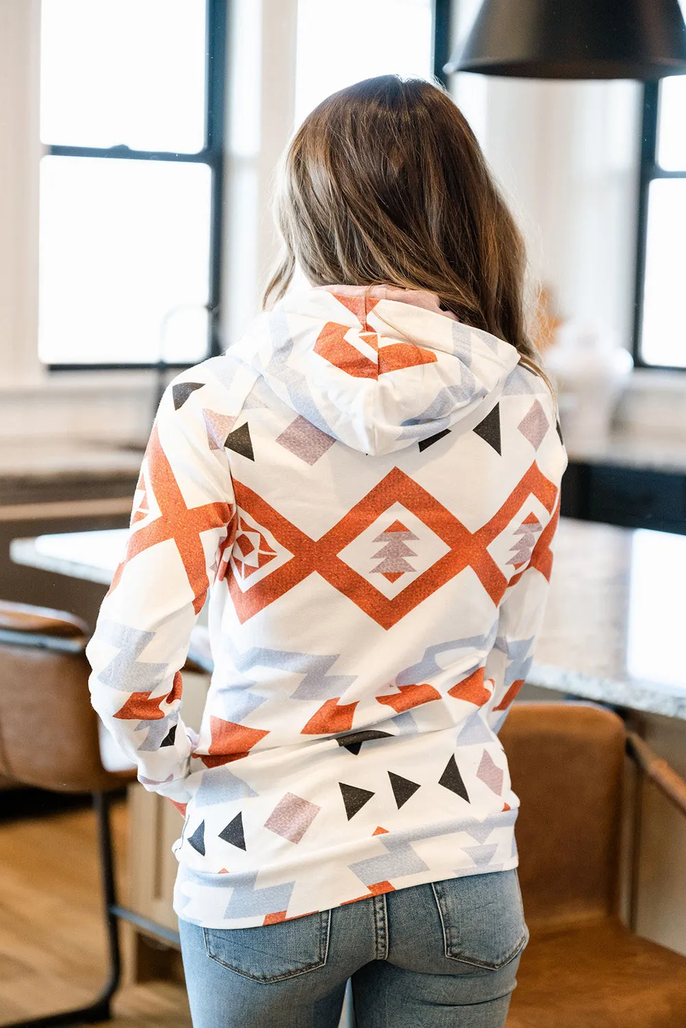 White Ethnic Aztec Print Double Hood Thumb Hole Hoodie