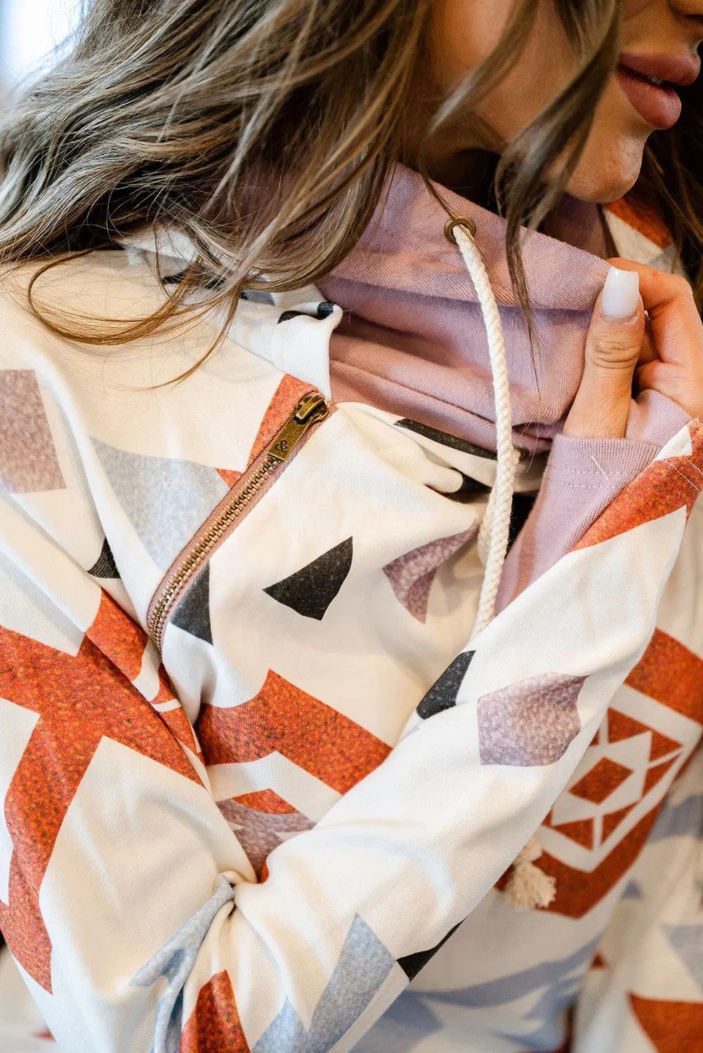 White Ethnic Aztec Print Double Hood Thumb Hole Hoodie
