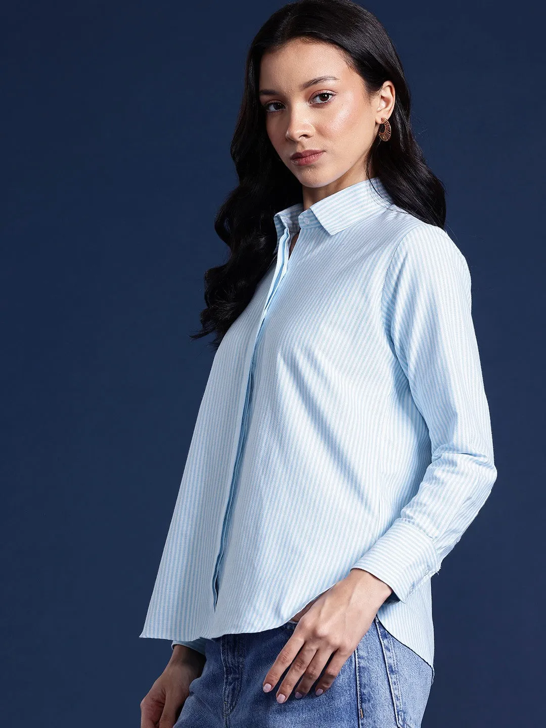 Women White & Blue Stripes Pure Cotton Boyfriend Fit Formal Shirt