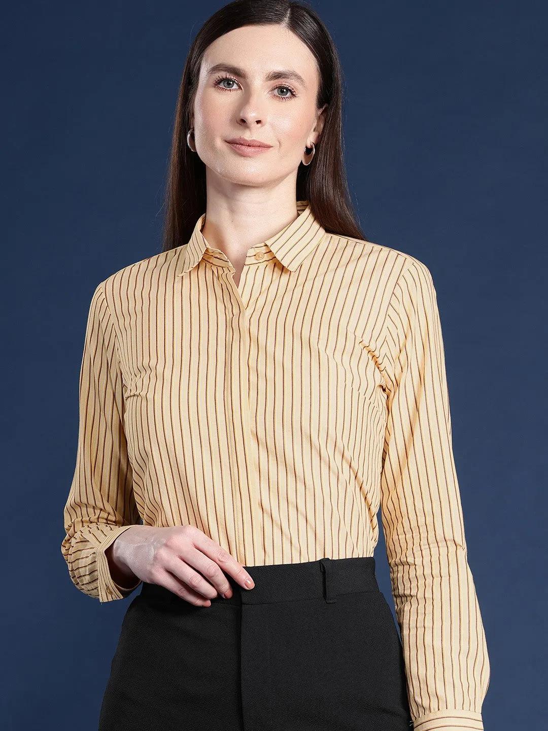 Women Yellow Stripes Pure Cotton Formal Shirt