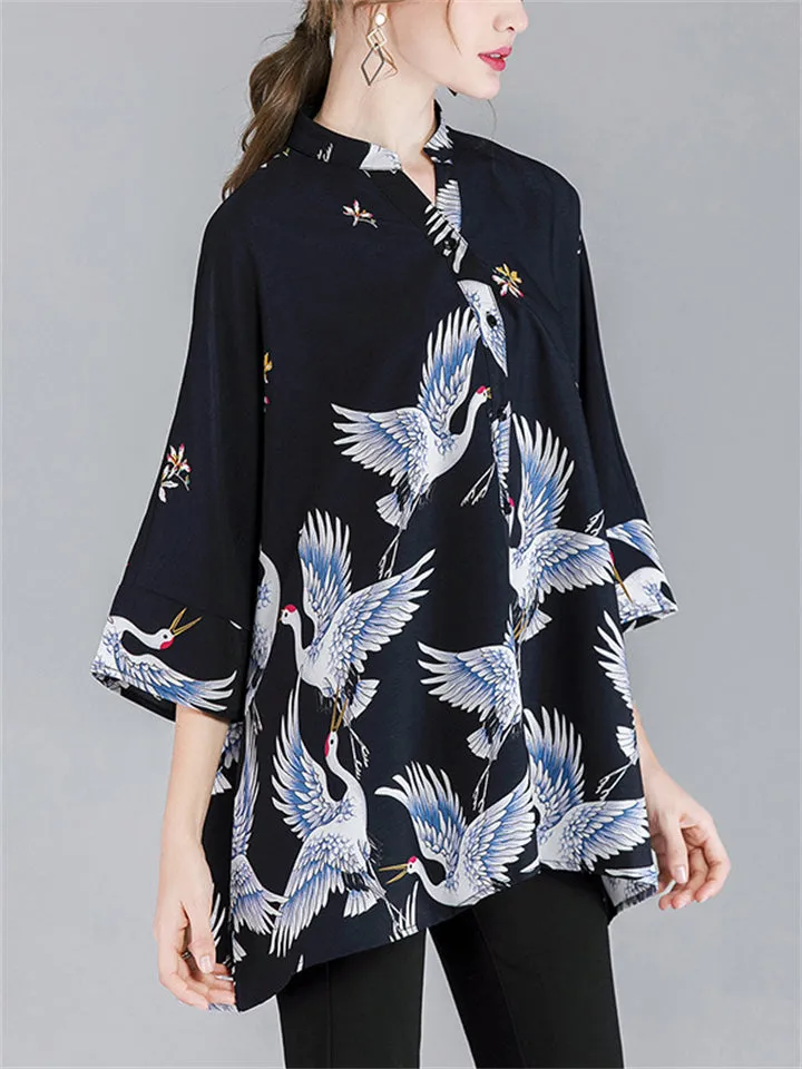 Women's Crane Floral Printing 3/4 Sleeve Oversized Shirts