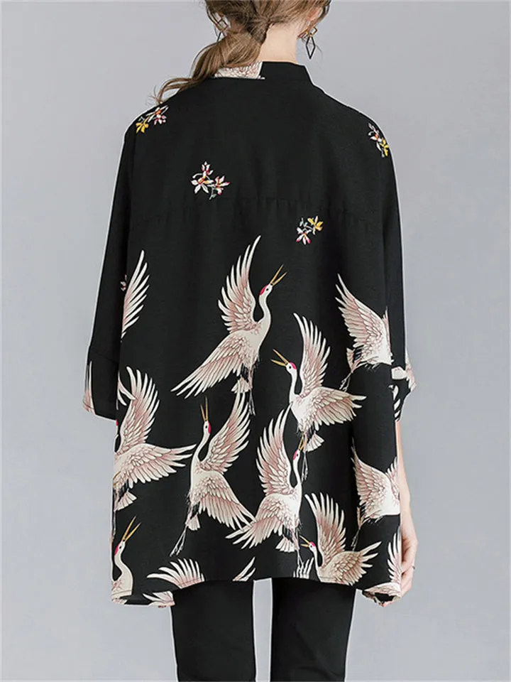 Women's Crane Floral Printing 3/4 Sleeve Oversized Shirts