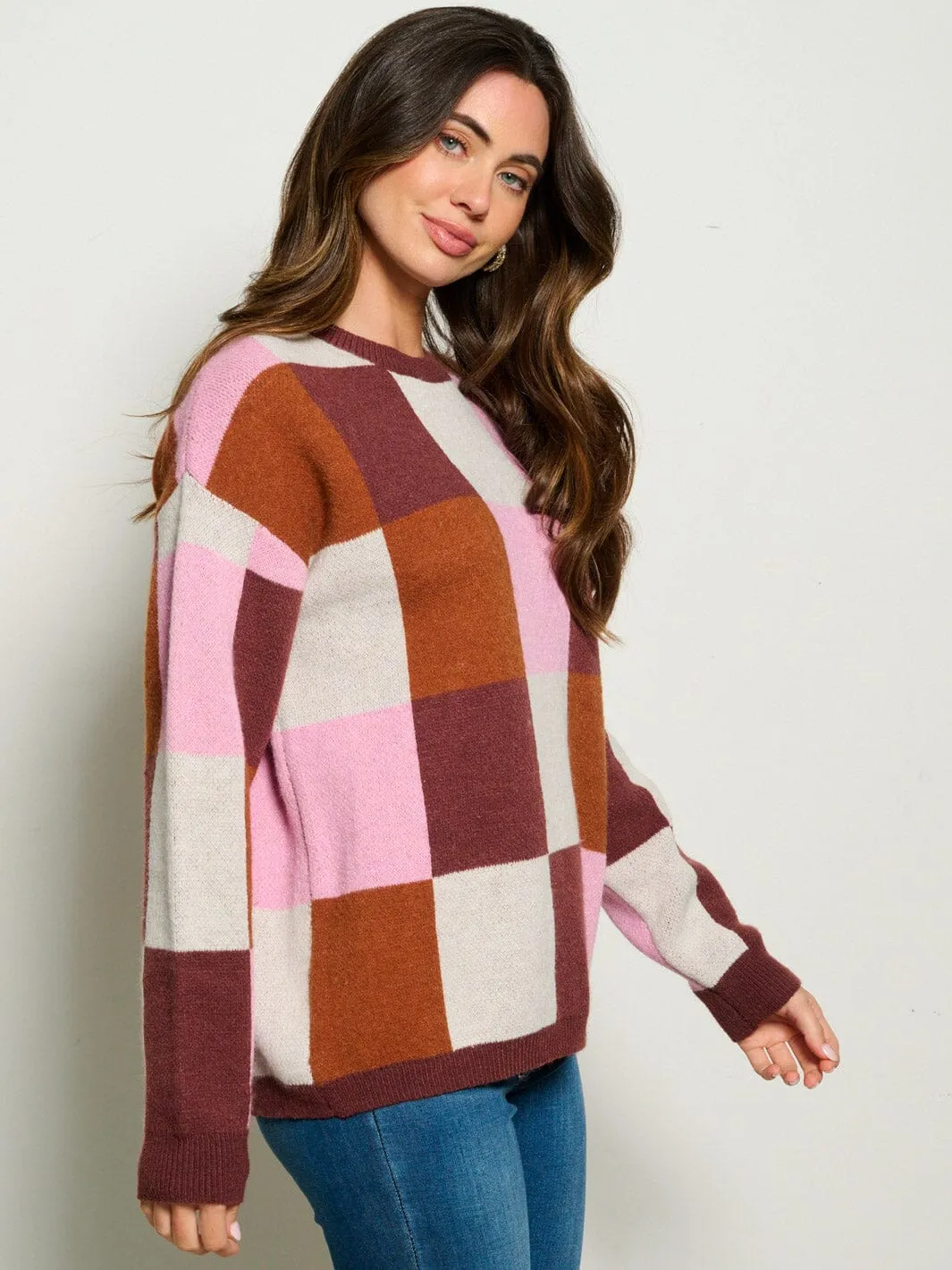 WOMEN'S LONG SLEEVE CHECKERS MULTI COLOR PULLOVER SWEATER
