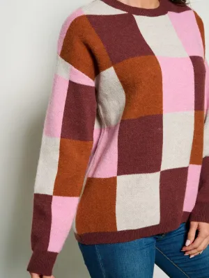 WOMEN'S LONG SLEEVE CHECKERS MULTI COLOR PULLOVER SWEATER