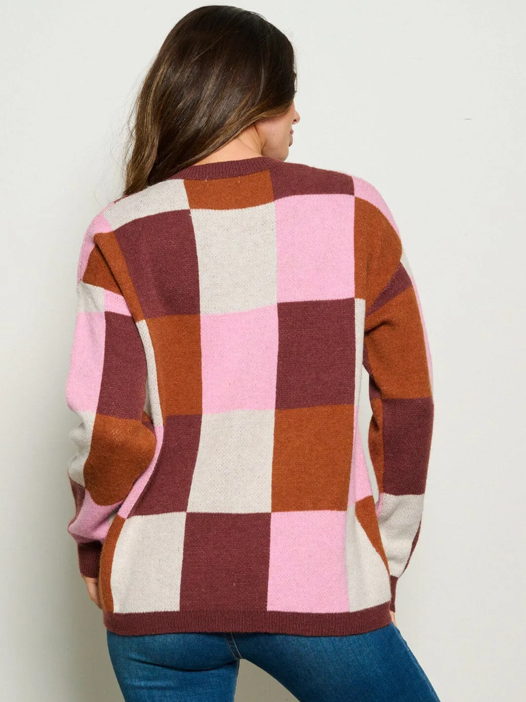 WOMEN'S LONG SLEEVE CHECKERS MULTI COLOR PULLOVER SWEATER
