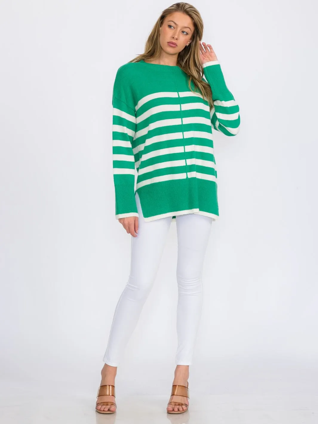 WOMEN'S LONG SLEEVE COLORBLOCK STRIPES PULLOVER SWEATER