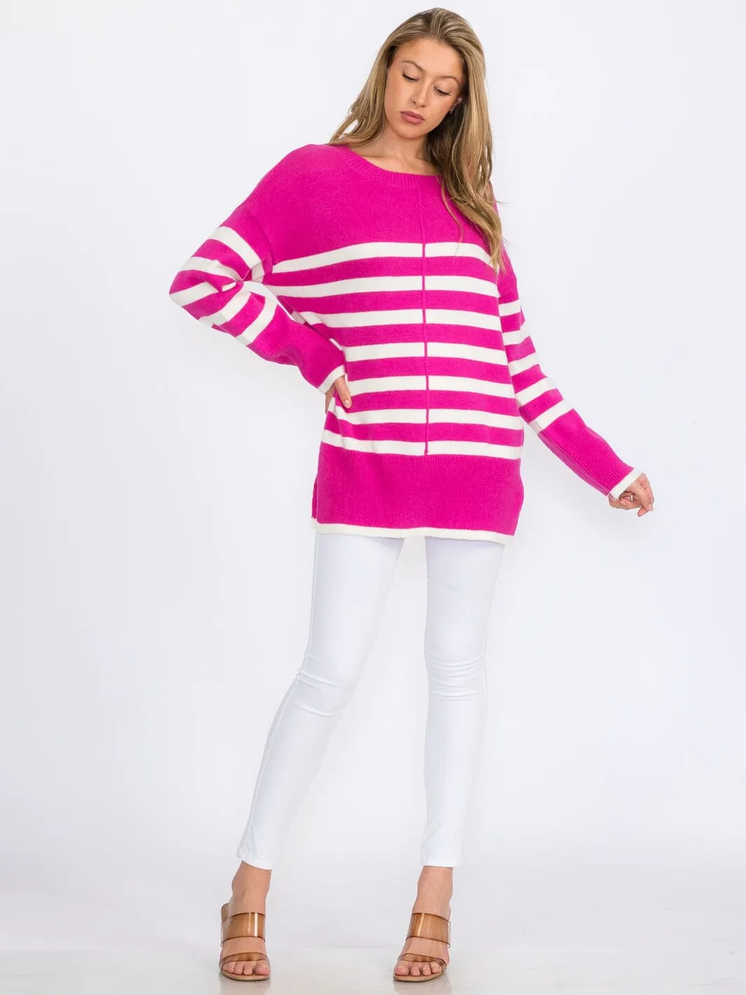 WOMEN'S LONG SLEEVE COLORBLOCK STRIPES PULLOVER SWEATER