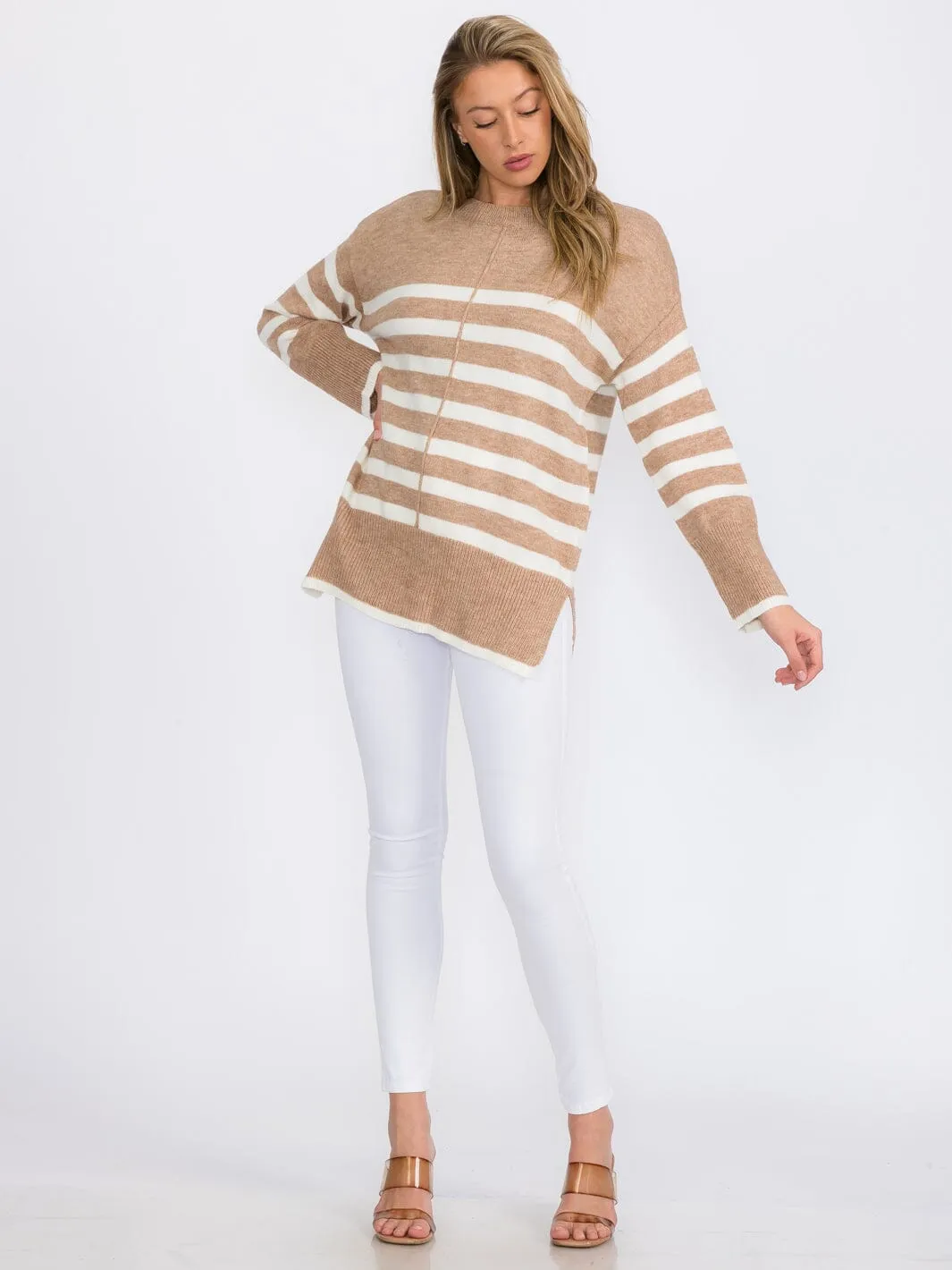 WOMEN'S LONG SLEEVE COLORBLOCK STRIPES PULLOVER SWEATER