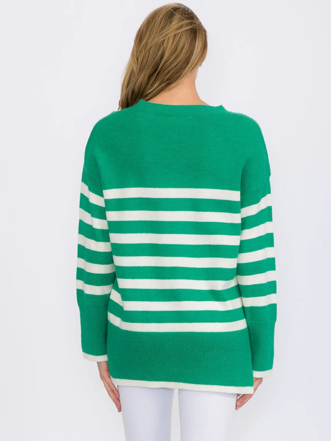 WOMEN'S LONG SLEEVE COLORBLOCK STRIPES PULLOVER SWEATER