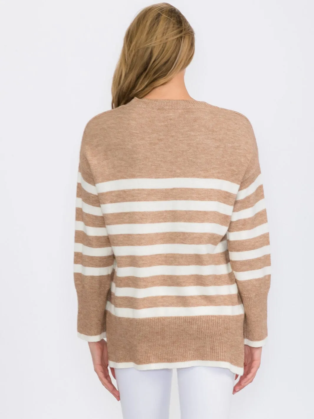 WOMEN'S LONG SLEEVE COLORBLOCK STRIPES PULLOVER SWEATER