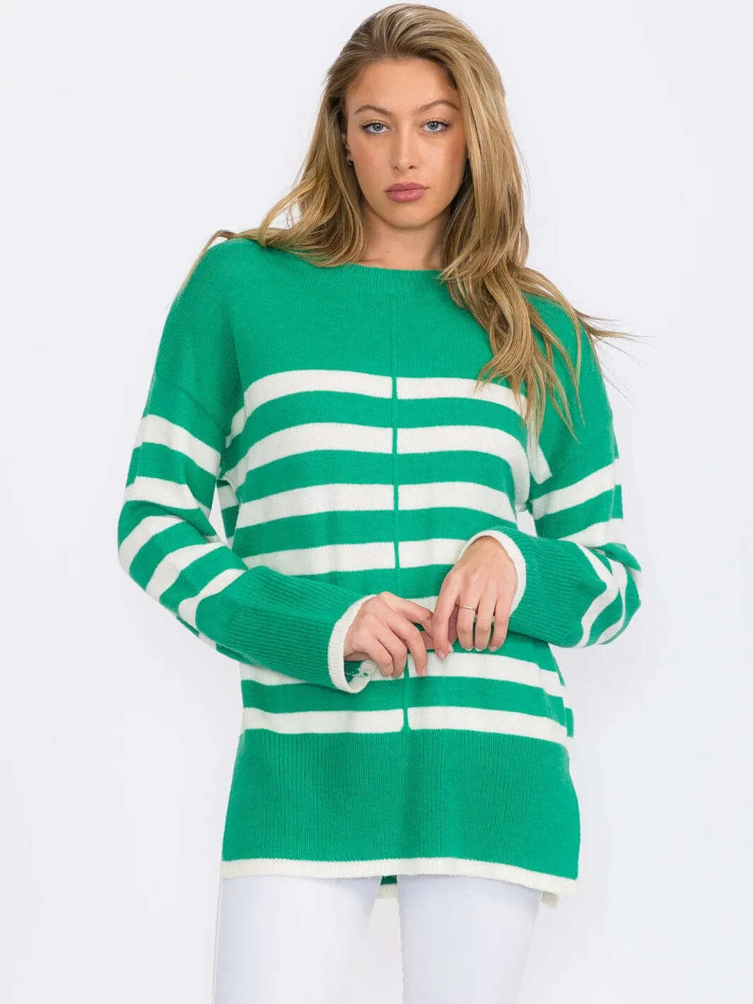 WOMEN'S LONG SLEEVE COLORBLOCK STRIPES PULLOVER SWEATER