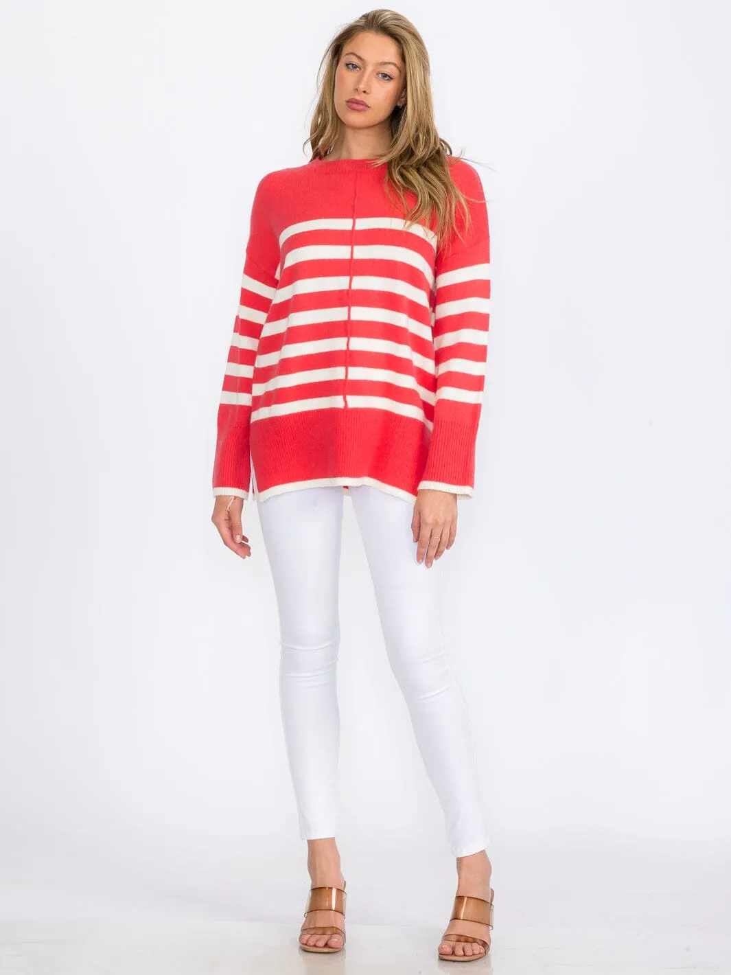 WOMEN'S LONG SLEEVE COLORBLOCK STRIPES PULLOVER SWEATER